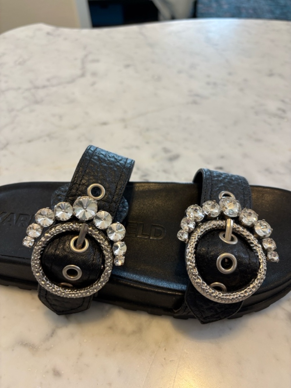 Karl Lagerfeld Barlow Black Jeweled Double-Buckle Slide Sandals -9 - Picture 3 of 5